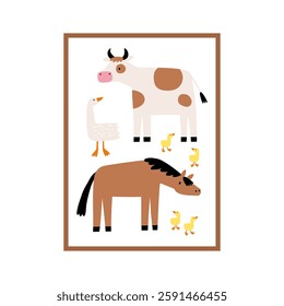 Cute farm animals in flat style. Hand-drawn country animals on farm. Childish character. Cartoon flat graphic vector poster or card