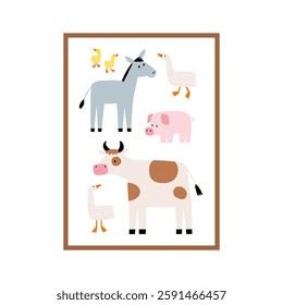 Cute farm animals in flat style. Hand-drawn country animals on farm. Childish character. Cartoon flat graphic vector poster or card