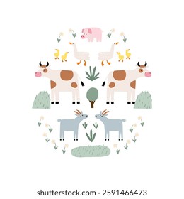 Cute farm animals in flat style. Hand-drawn country animals on farm. Childish character. Cartoon flat graphic vector poster or card