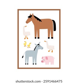 Cute farm animals in flat style. Hand-drawn country animals on farm. Childish character. Cartoon flat graphic vector poster or card