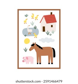 Cute farm animals in flat style. Hand-drawn country animals on farm. Childish character. Cartoon flat graphic vector poster or card