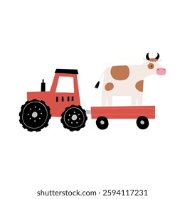 Cute farm animals in flat style. Hand-drawn country animal, car, tractor. Childish character. Cartoon flat graphic vector illustrations
