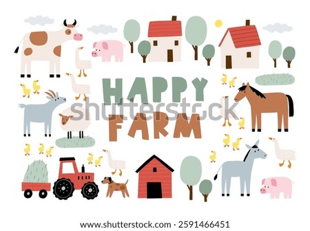 Cute farm animals in flat style. Hand-drawn country animals on farm. Childish character. Cartoon flat graphic vector poster or card