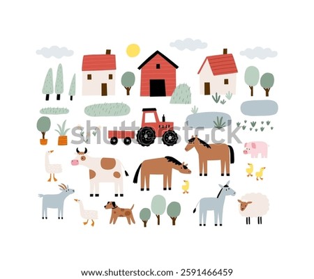 Cute farm animals in flat style. Hand-drawn country animals on farm. Childish character. Cartoon flat graphic vector poster or card