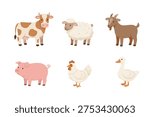 Cute Farm Animals Flat Vector Illustration Set