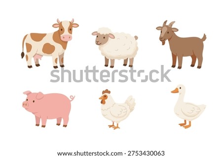 Cute Farm Animals Flat Vector Illustration Set