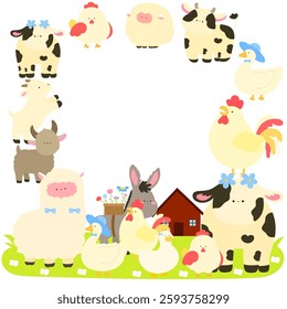 cute farm animals frame with cows, chickens, sheep, white call duck, goat, alpaca, goose, and donkey flat vector illustration