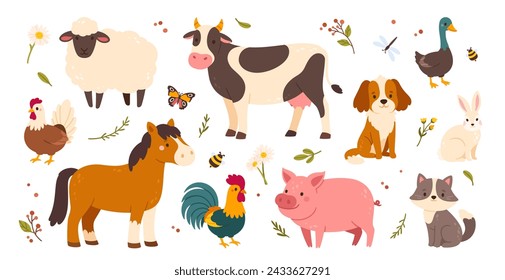 Cute farm animals. Funny cartoon domestic mammals and birds. Rural cattle and poultry. Village pet. Nice pig, cow, cat, dog, duck, chicken, horse. Vector collection. Countryside livestock