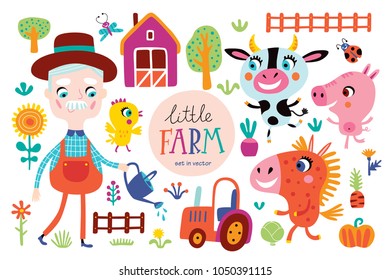 Cute farm animals with funny farmer on a white background. Childish vector illustration in vector.
