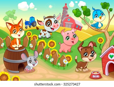 Cute farm animals in the garden. Vector cartoon illustration.