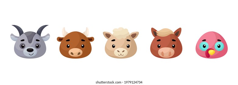 Cute farm animals heads set. Collection funny animals characters for kids cards, baby shower, birthday invitation, house interior. Bright colored childish vector illustration.
