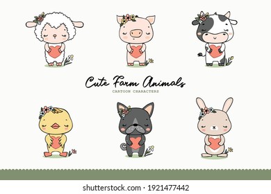 Cute farm animals with heards cartoon characters. Illustration for kids