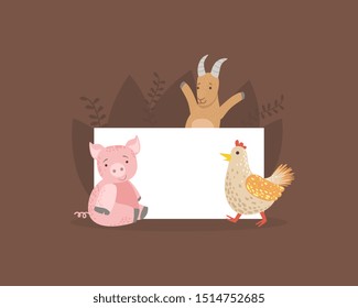 Cute Farm Animals Holding Empty Banner, Funny Goat, Hen, Piglet with Blank Sign Board Vector Illustration