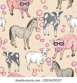 Cute farm animals horse, sheep, pig, calf with chewing gum. Illustration of funny animals. Vector illustration
