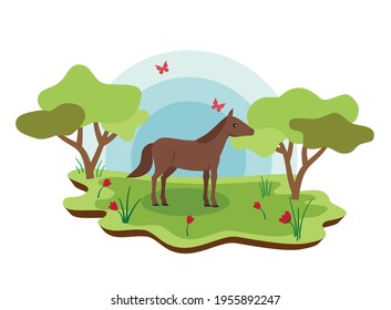 Cute farm animals horse with spring landscape. vector cartoon illustration EPS 10