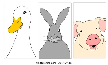 Cute Farm Animals Illustration Set Duck, Pig, Rabbit