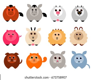 Cute farm animals isolated icon set. Vector illustration in modern flat design.