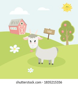 
cute farm animals, landscape with cartoon goat vector image