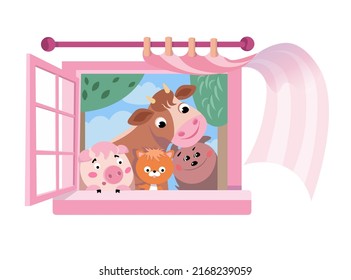 Los animales de la granja cute miran a la habitación con la ventana abierta. Ilustración de color vectorial en estilo de dibujos animados. Imagen para el diseño de afiches, juegos, libros, rompecabezas. 