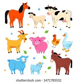 Cute farm animals - modern flat design style set of cartoon characters isolated on white background. A collection with a horse, donkey, cow with calf, goat, pig, hen and goose, sheep and lamb