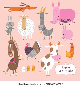 Animales de granja en un fondo rosa. Dibujo infantil vectorial de vaca, oveja, cerdo, gallina, caballo, gallina, conejo, cabra, pavo, gallo, cerdo y perro guardián.