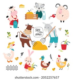 Cute Farm Animals on Ranch Harvesting and Watering Plant Vector Set