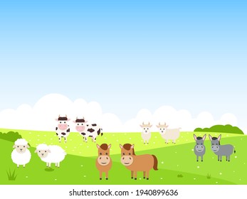 Cute farm animals on summer landscape background. Bull, cow, donkey, horse, sheep and goat characters in flat style. Vector kids illustration.