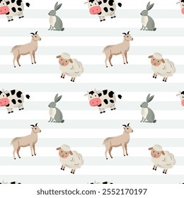 Cute farm animals pattern. Goat, cow, sheep, bunny. Seamless pattern with domestic animals. 