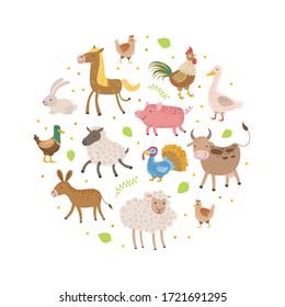 Cute Farm Animals Pattern of Round Shape, Greeting Cards, Poster, Banner, Background Design Element Vector Illustration