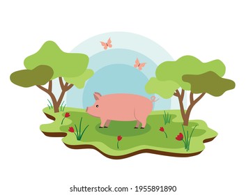 Cute farm animals pig with spring landscape. vector cartoon illustration EPS 10