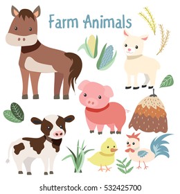 Cute Farm Animals and Plant Element Illustration Set