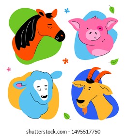 Cute farm animals portraits - set of flat design style characters