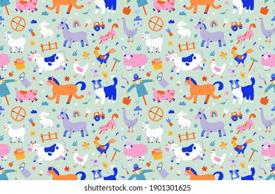 Cute farm animals seamless pattern, domestic animals illustration, cow, pig and horse with face expressions, scandinavian style, vector background