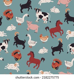 Cute farm animals seamless pattern. Vector graphics.