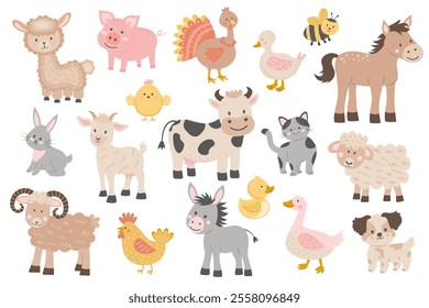 Cute farm animals set. Big set of cartoon farm animals and pets for kids.