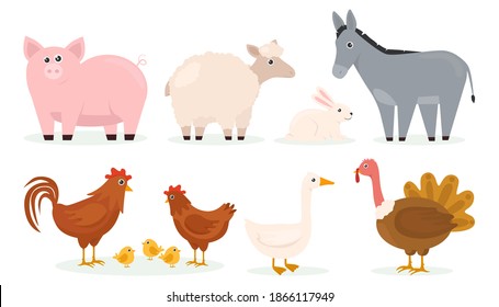 Los animales de granja divididos establecen caracteres. Colección de animales de dibujos animados: ovejas, vacas, burro, caballo, cerdo, pato, ganso, pollo, gallo. Ilustración del vector
