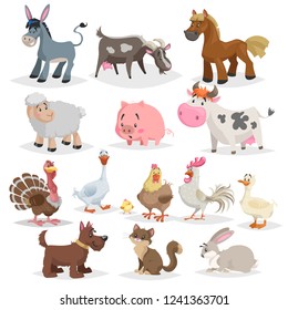 Cute farm animals set. Collection of cartoon vector drawings in flat style. Donkey, goat, horse, sheep, pig, cow, turkey, duck, rooster and hen, goose, dog, cat, rabbit.