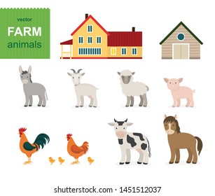 Cute Farm animals set. Сartoon animals collection in flat style isolated on white background: cow, horse, sheep, goat, rooster, donkey, chicken.