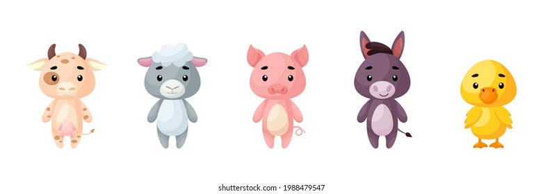 Cute farm animals set. Collection funny animals characters for kids cards, baby shower, birthday invitation, house interior. Bright colored childish vector illustration.