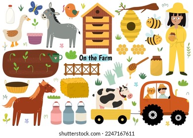 Cute farm animals set with cow, horse, donkey and goose. Little farmers, gardening equipment, tractor, beehive, milk, garden bed with sprouts and other elements. Vector illustration