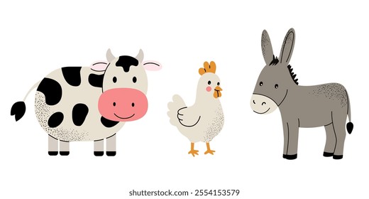 Cute farm animals set. Cow, chicken, donkey. Flat set of home animals, pets.