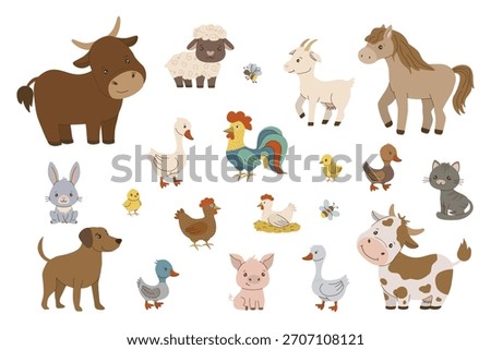 Cute farm animals set. Farm animals, cow, pigs, chickens and livestock Vector Illustration for Kids