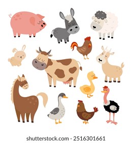 Conjunto lindo de animales de granja, personajes de aves de dibujos animados domésticos como gallina, pato, ganso y avestruz, Ilustración vectorial plana de vaca, oveja, cerdo, caballo, burro y cabra