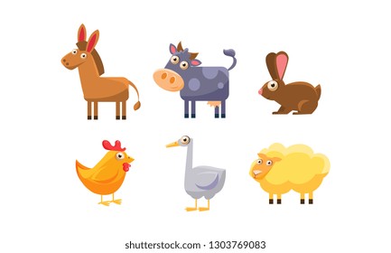 Cute farm animals set, donkey, cow, chicken, rabbit, goose, sheep vector Illustration