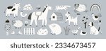 Cute farm animals set in doodle Scandinavian style. Hand-drawn country horse, kawaii cow, sheep, chicken, funny cat, goose. Childish rural livestock. Isolated kids flat graphic vector illustrations