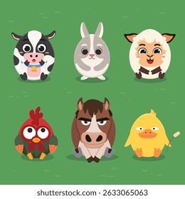 Cute farm animals set with egg shape cow rooster rabbit  sheep horse duck cartoon animals rounded drawing illustration flat vector