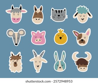 Cute farm animals set. Faces of funny animals for greeting cards, stickers and clothing. Cow, sheep, goat and others.	