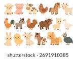 Cute farm animals set, flat vector cartoon illustration, isolated adorable domestic animal collection