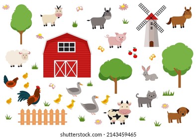 Cute farm animals set in flat style isolated on white background. Vector illustration Eps 10