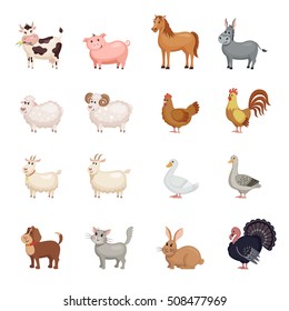 Farm animais bonitos definido em estilo plano isolado no fundo branco. Ilustração vetorial. Animais de fazenda de desenhos animados.